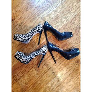 Lot of 2 Womens High Heel Pumps Leopard Print & Black Patent 5-Inch Heels Size 9
